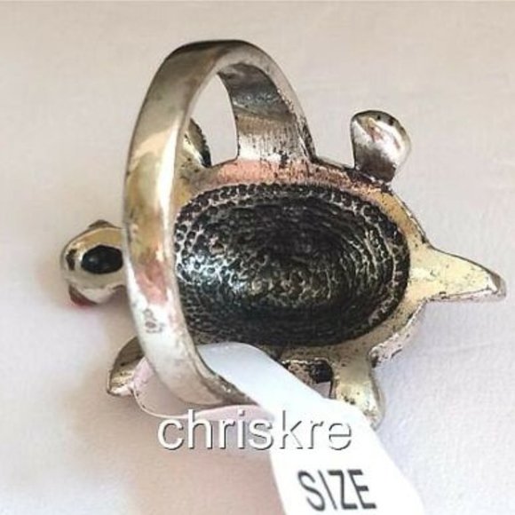 Silver Sea Life Turtle Cocktail Ring Size 6 Champagne Peach Crystals Plated Cute - Picture 6 of 8